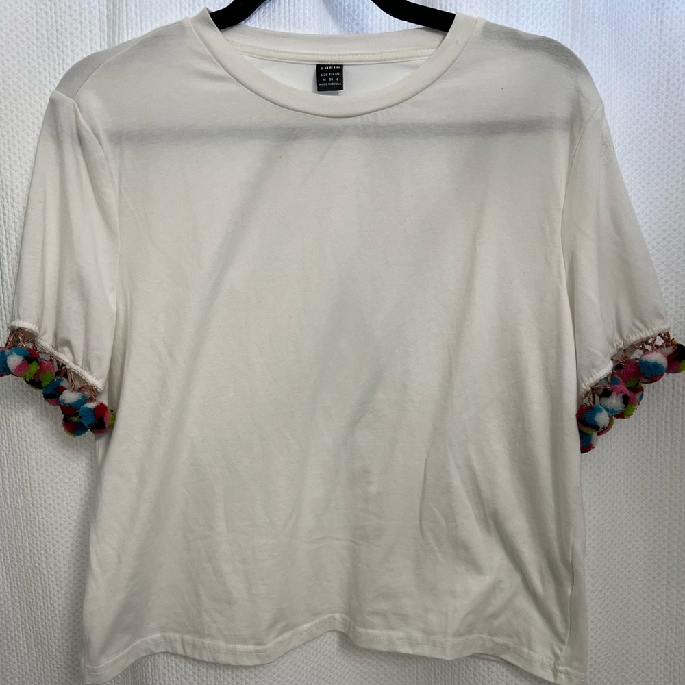 SHEIN White Tee with Colorful Pom-Pom Sleeves